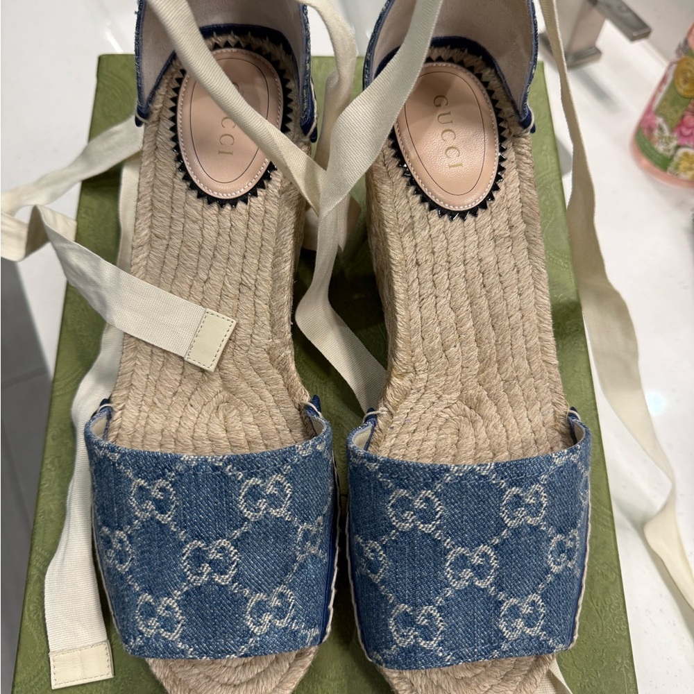 Gucci Blue Espadrille Wedge Sandals brand new